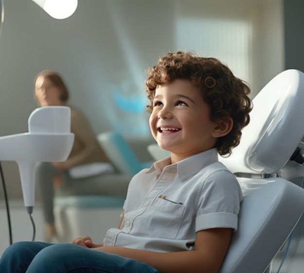 Happy little boy sitting in dental treatment chair